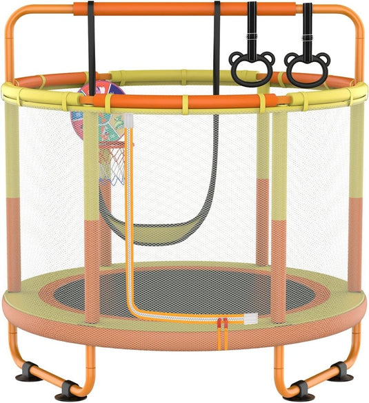 Kindertrampoline met veiligheidsnet schommel en basketbalmand geeloranje – trampoline – indoor outdoor - happygetfit.com