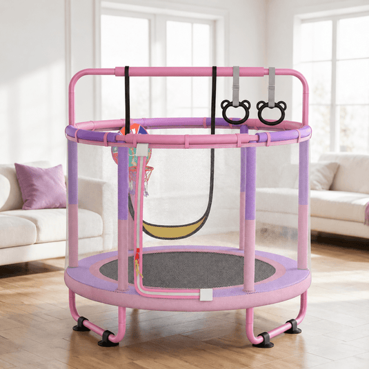 Kindertrampoline met veiligheidsnet schommel en basketbalmand roze-paars – trampoline – speeltoestel - happygetfit.com