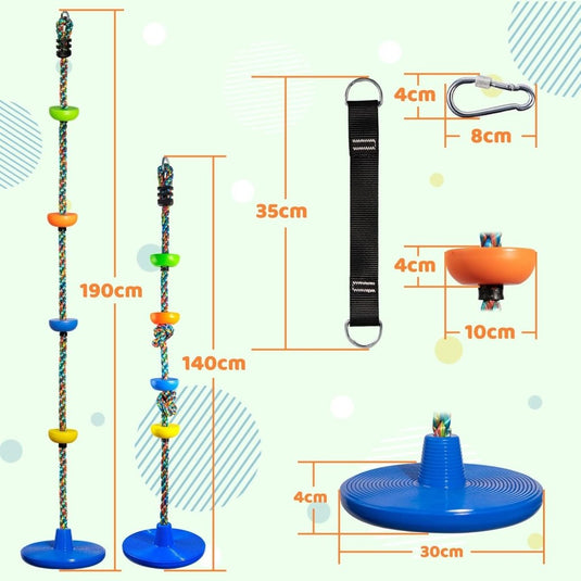 Klimtouwschommel Kinderen – Verstelbaar 140-190 cm – Frisbee Schommel met Klimtouw – Tot 150 kg – Voor Tuin en Buiten - happygetfit.com