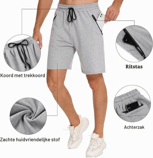 Korte sportbroek heren van 100% katoen met ritszakken en verstelbaar trekkoord – fitnessshort – joggingbroek - happygetfit.com