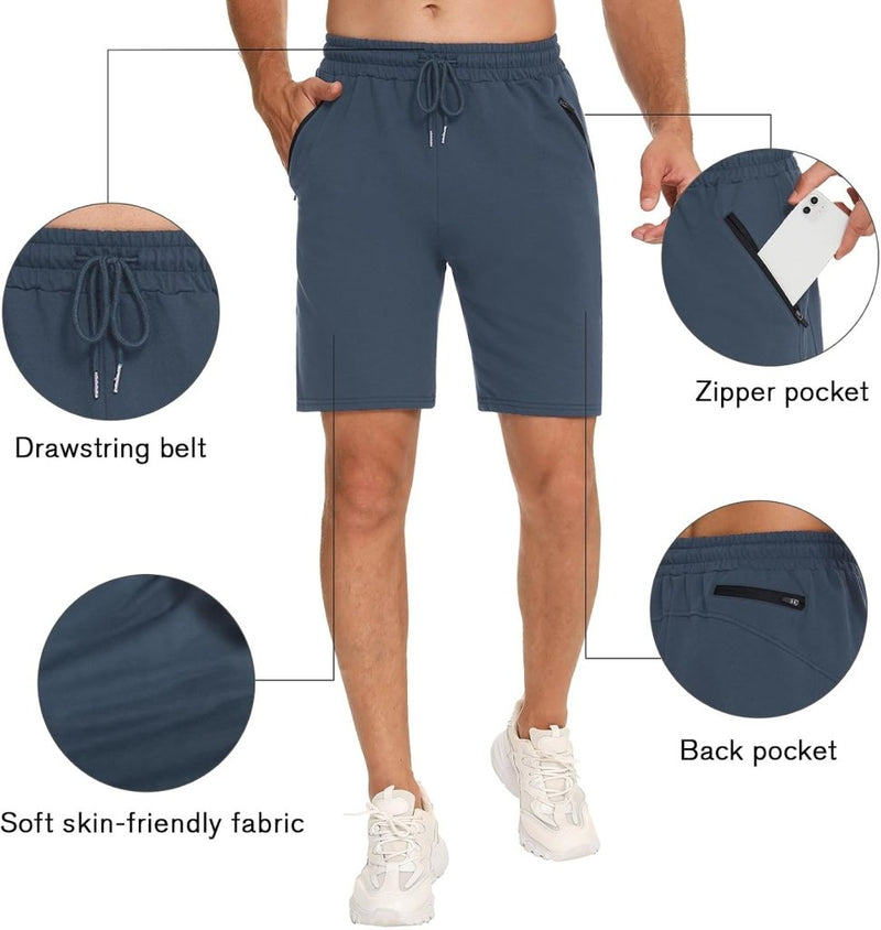 Laden Sie das Bild in Galerie -Viewer, Korte sportbroek heren van 100% katoen met ritszakken en verstelbaar trekkoord – fitnessshort – joggingbroek - happygetfit.com
