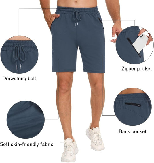 Korte sportbroek heren van 100% katoen met ritszakken en verstelbaar trekkoord – fitnessshort – joggingbroek - happygetfit.com