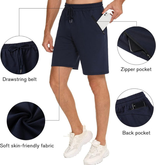 Korte sportbroek heren van 100% katoen met ritszakken en verstelbaar trekkoord – fitnessshort – joggingbroek - happygetfit.com