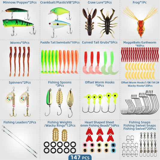 Kunstaas set 147-delig met spinners, softbaits, vishaken en wartels inclusief opbergdoos – roofvisaas – hengelsportbenodigdheden - happygetfit.com