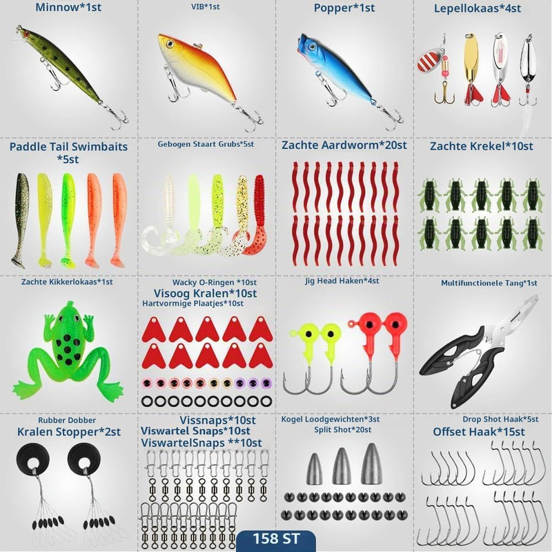 Bild im Galerie-Viewer laden, Kunstaas set 158-delig met minnows, softbaits, vishaken en vistang inclusief opbergdoos – roofvismateriaal – visaccessoires - happygetfit.com
