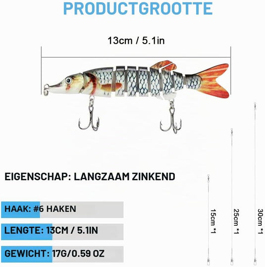 Kunstaas wobblers 3 stuks 13,5 cm met 8 bewegende segmenten en stalen onderlijnen – snoekaas – jerkbaits - happygetfit.com