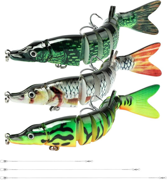 Kunstaas wobblers 3 stuks 13,5 cm met 8 bewegende segmenten en stalen onderlijnen – snoekaas – jerkbaits - happygetfit.com