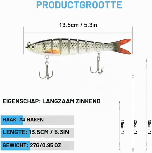 Kunstaas wobblers 3 stuks 13,5 cm met 8 bewegende segmenten en stalen onderlijnen – snoekaas – jerkbaits - happygetfit.com
