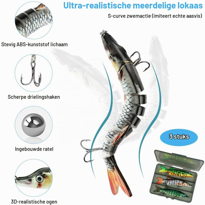 Bild im Galerie-Viewer laden, Kunstaas wobblers 3 stuks 13,5 cm met 8 bewegende segmenten en stalen onderlijnen – snoekaas – jerkbaits - happygetfit.com
