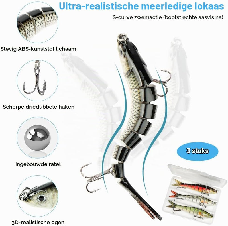Bild im Galerie-Viewer laden, Kunstaas wobblers 3 stuks 13,5 cm met 8 bewegende segmenten en stalen onderlijnen – snoekaas – jerkbaits - happygetfit.com
