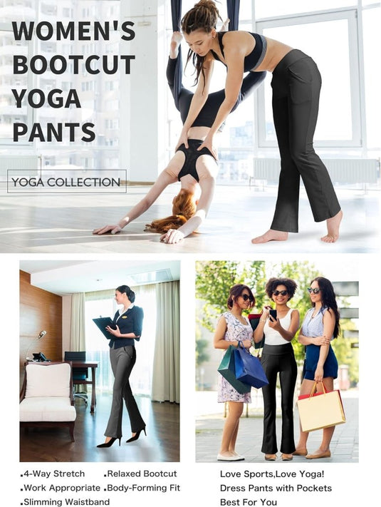 LaiEr Yogabroek Voor Dames Met 4 zakken Hoge Taille Werkbroek 4-way Stretch Tummy Control Lange Flare Broek - happygetfit.com