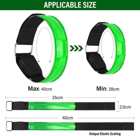 Grafische presentatie van de LED-armbanden voor veiligheid en optimale zichtbaarheid met een klittenband in het groen, voor optimale zichtbaarheid en veiligheid. Afmetingen: maximale lengte 40 cm, min 28 cm, breedte 2,5 cm.