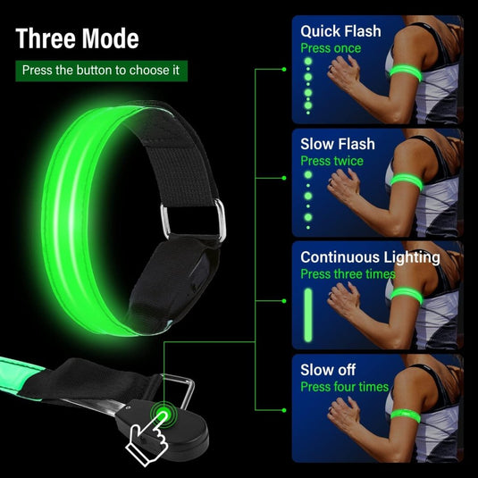 De "LED-armbanden voor veiligheid en optimale zichtbaarheid: Onmisbaar voor buitenactiviteiten!" bieden drie modi: snelle flits, langzame flits en stabiel licht. Pas aan met een druk op de knop om de zichtbaarheid en veiligheid te verbeteren tijdens activiteiten bij weinig licht met behulp van deze reflecterende LED-armbanden.