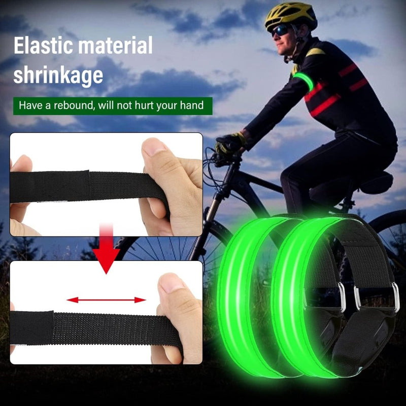 Laad afbeelding in Galerijviewer, Een fietser in een gestreept vest fietst, terwijl de inzet LED-armbanden voor veiligheid en optimale zichtbaarheid benadrukt. Deze zijn voorzien van elastische banden met felgroene strepen die de zichtbaarheid en veiligheid verbeteren en uitstekende rek- en veerkrachteigenschappen hebben.
