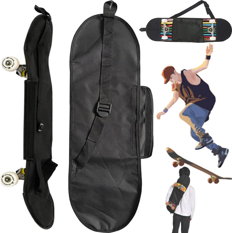 Load image into Gallery viewer, De zwarte skateboard draagtas met een riem, gemaakt van waterdicht Oxford-stof, is om een skateboard gewikkeld voor eenvoudig transport. Met illustraties van skateboarden en het dragen van de tas, is het perfect om je longboard of skateboard veilig en stijlvol te vervoeren.
