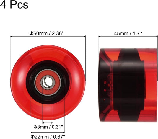Longboard wielen 60 mm 80A met ABEC-9 lagers 4 stuks transparant rood – cruiser skateboard wielen - happygetfit.com
