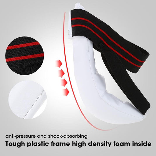 Bescherm jezelf met onze ergonomische leugenbeschermer: witte gewatteerde pad, zwarte en rode riem, bied bescherming voor vechtsporten. Uitgerust met antidruk- en schokabsorberende eigenschappen, stevig kunststof frame en dicht schuim aan de binnenkant.