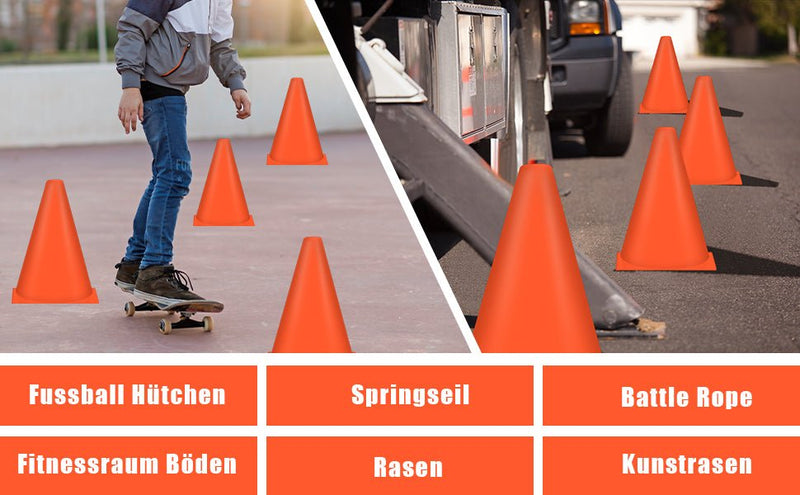 Laad afbeelding in Galerijviewer, Een persoon skateboardt in de buurt van oranje kegels naast een vrachtwagen met wegen omzoomd met premium trainingskegels. Hieronder vindt u in het Duits: &quot;Fußball Hütchen, Springseil, Battle Rope, Fitnessraum Böden, Rasen, Kunstrasen.
