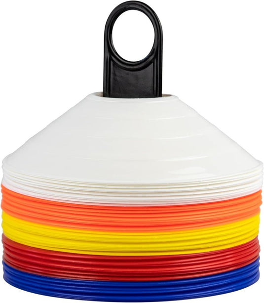 Markeringsschijven 50 stuks in 5 kleuren met houder – trainingshoedjes – voetbal pionnen - happygetfit.com