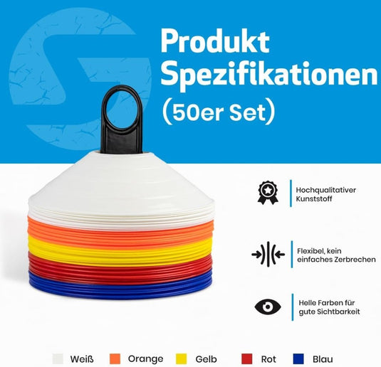 Markeringsschijven 50 stuks in 5 kleuren met houder – trainingshoedjes – voetbal pionnen - happygetfit.com