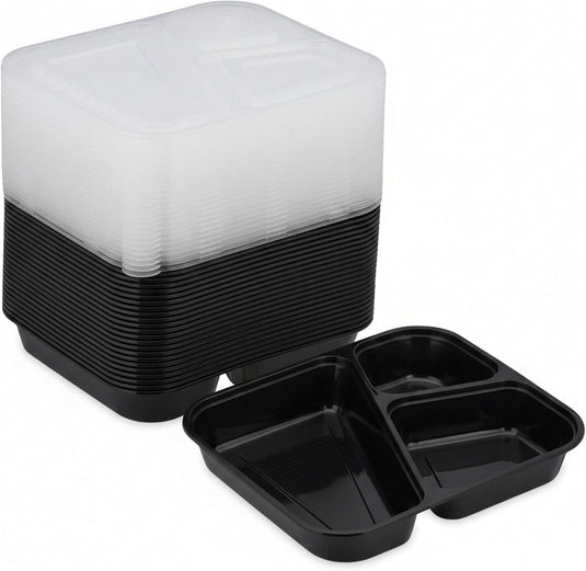 Meal prep bakjes set van 24 met 3 vakken zwart - happygetfit.com