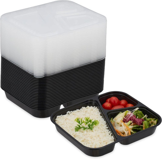 Meal prep bakjes set van 24 met 3 vakken zwart - happygetfit.com