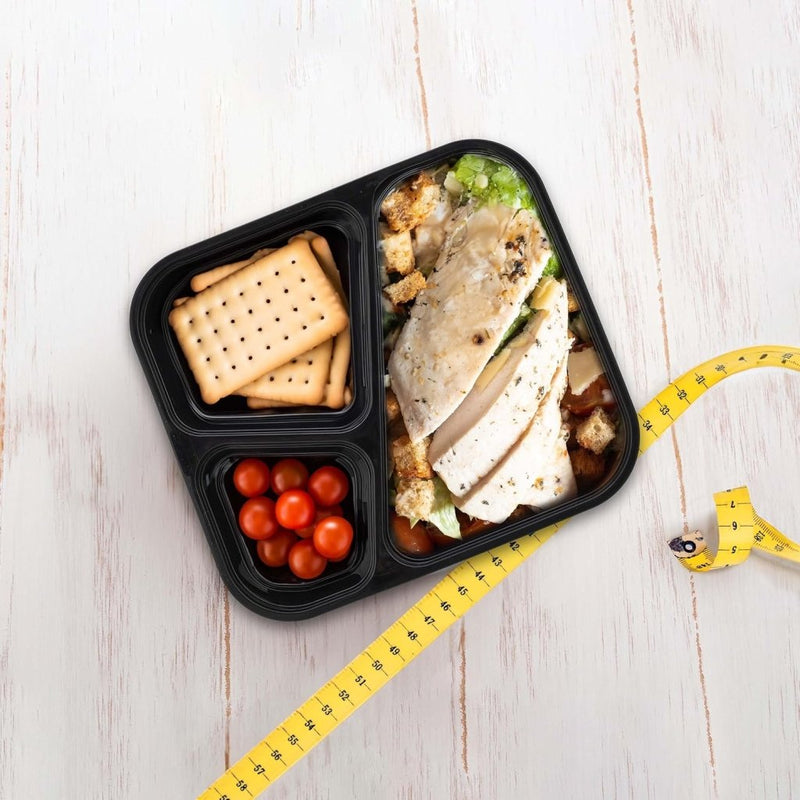 Laad afbeelding in Galerijviewer, Meal prep bakjes set van 24 met 3 vakken zwart - happygetfit.com
