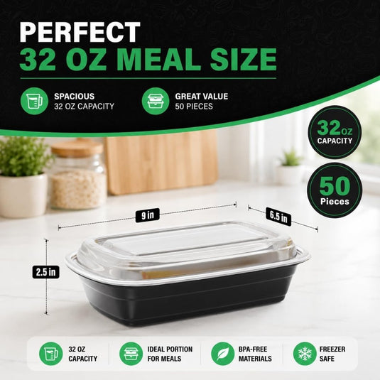 Meal prep bakjes set van 50 stuks 946 ml zwart - happygetfit.com