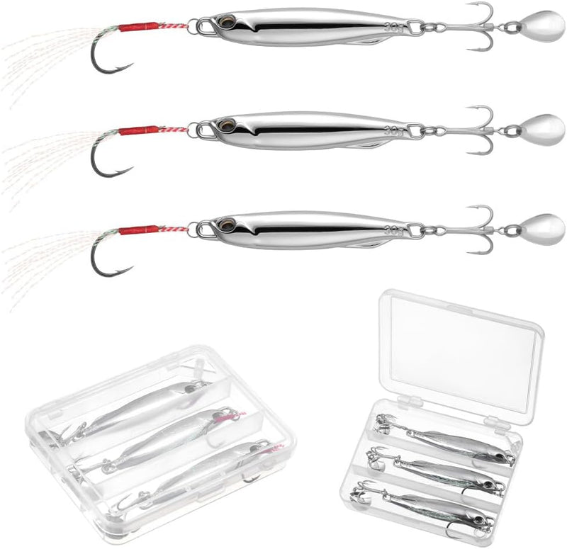 Carica l’immagine nel visualizzatore della galleria, Metalen visspinners 3 stuks 7,8 cm en 30 gram met veren en reflecterende bladen – makreelaas – zeeviskunstaas - happygetfit.com
