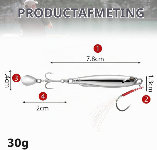 Metalen visspinners 3 stuks 7,8 cm en 30 gram met veren en reflecterende bladen – makreelaas – zeeviskunstaas - happygetfit.com