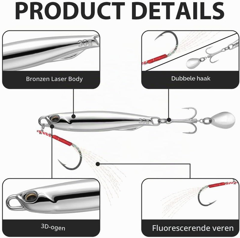 Carica l’immagine nel visualizzatore della galleria, Metalen visspinners 3 stuks 7,8 cm en 30 gram met veren en reflecterende bladen – makreelaas – zeeviskunstaas - happygetfit.com

