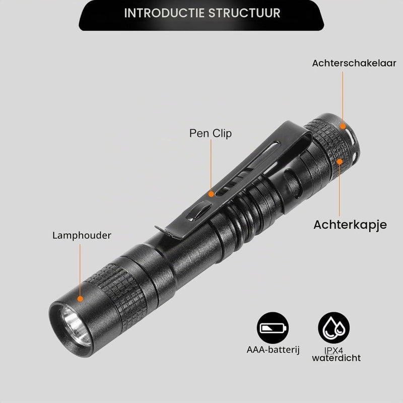 Laad afbeelding in Galerijviewer, Mini LED zaklamp met clip 91 mm zwart – aluminium penlight – camping en outdoor accessoires - happygetfit.com

