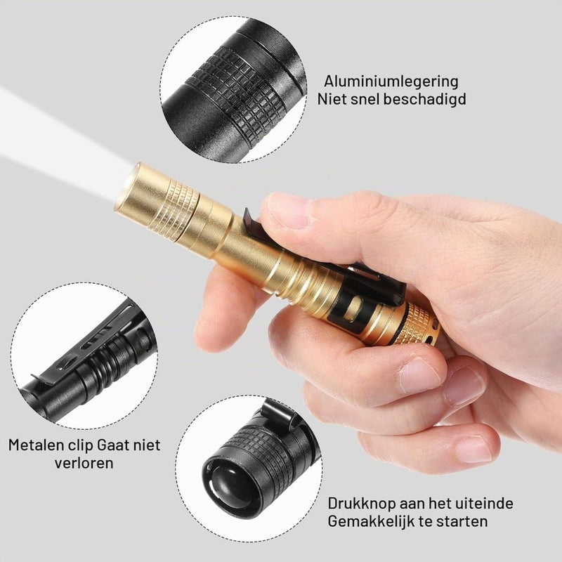 Laad afbeelding in Galerijviewer, Mini LED zaklamp met clip 91 mm zwart – aluminium penlight – camping en outdoor accessoires - happygetfit.com
