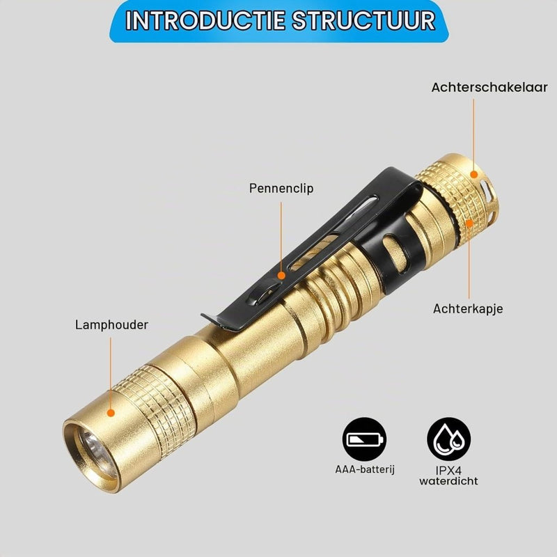 Laad afbeelding in Galerijviewer, Mini LED zaklamp met clip 91 mm zwart – aluminium penlight – camping en outdoor accessoires - happygetfit.com
