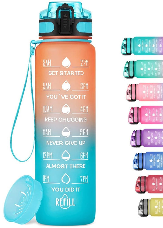 Motivational Water Bottle with Time Marker and Fruit Strainer, Leak-Proof, BPA Free, Non-Toxic, with Carrying Strap, Perfect for Fitness, Gym and Sports - happygetfit.com