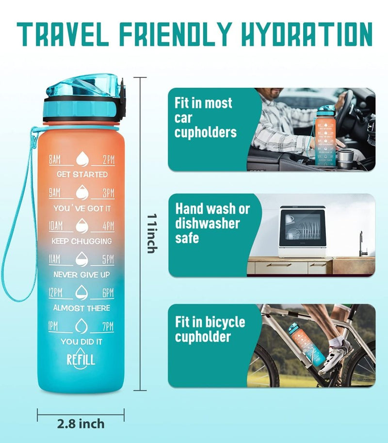 Load image into Gallery viewer, Motivational Water Bottle with Time Marker and Fruit Strainer, Leak-Proof, BPA Free, Non-Toxic, with Carrying Strap, Perfect for Fitness, Gym and Sports - happygetfit.com
