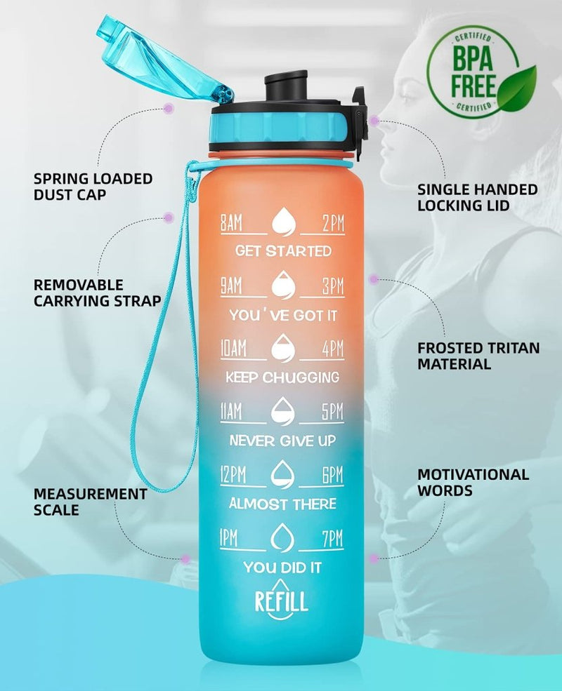 Load image into Gallery viewer, Motivational Water Bottle with Time Marker and Fruit Strainer, Leak-Proof, BPA Free, Non-Toxic, with Carrying Strap, Perfect for Fitness, Gym and Sports - happygetfit.com
