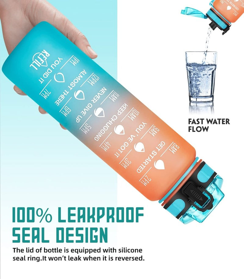 Load image into Gallery viewer, Motivational Water Bottle with Time Marker and Fruit Strainer, Leak-Proof, BPA Free, Non-Toxic, with Carrying Strap, Perfect for Fitness, Gym and Sports - happygetfit.com
