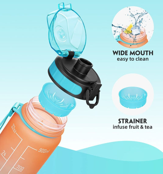 Motivational Water Bottle with Time Marker and Fruit Strainer, Leak-Proof, BPA Free, Non-Toxic, with Carrying Strap, Perfect for Fitness, Gym and Sports - happygetfit.com