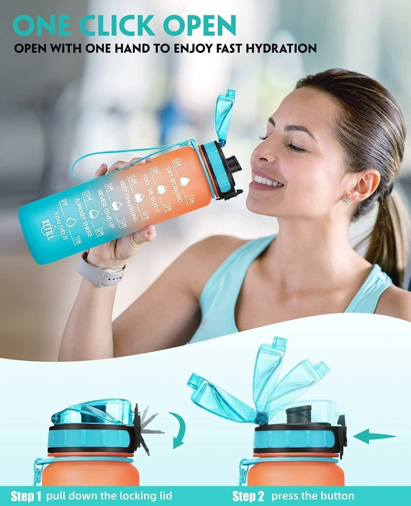 Load image into Gallery viewer, Motivational Water Bottle with Time Marker and Fruit Strainer, Leak-Proof, BPA Free, Non-Toxic, with Carrying Strap, Perfect for Fitness, Gym and Sports - happygetfit.com
