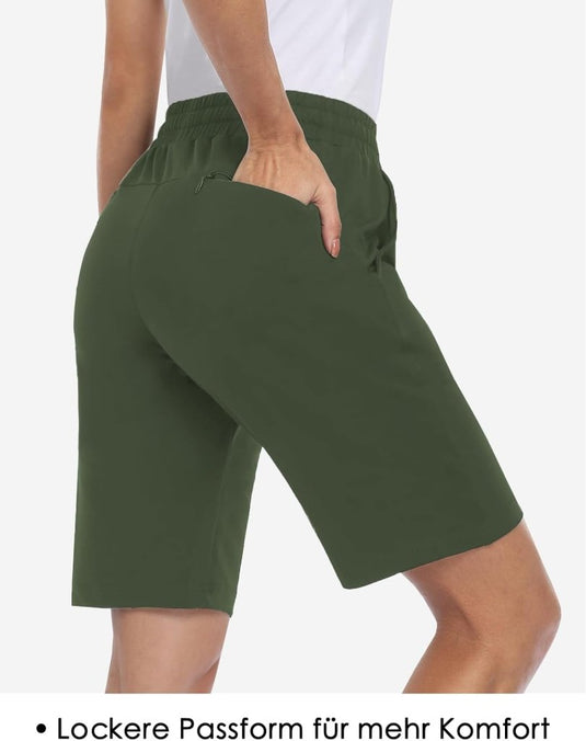 MOVE BEYOND Bermudashort voor dames, 36 cm lang, 3 zakken, atletische yoga, gym, sweatshorts met trekkoord, lounge, slaapshorts - happygetfit.com