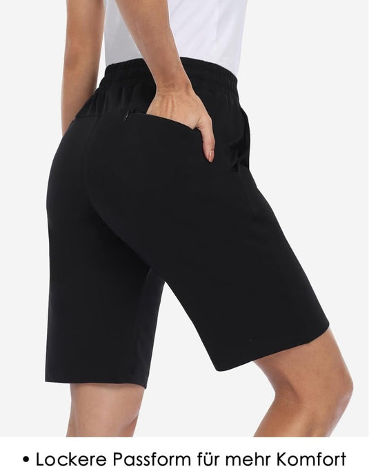 MOVE BEYOND Bermudashort voor dames, 36 cm lang, 3 zakken, atletische yoga, gym, sweatshorts met trekkoord, lounge, slaapshorts - happygetfit.com