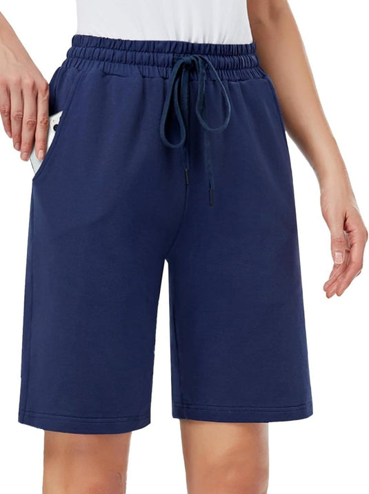 MOVE BEYOND Bermudashort voor dames, 36 cm lang, 3 zakken, atletische yoga, gym, sweatshorts met trekkoord, lounge, slaapshorts - happygetfit.com