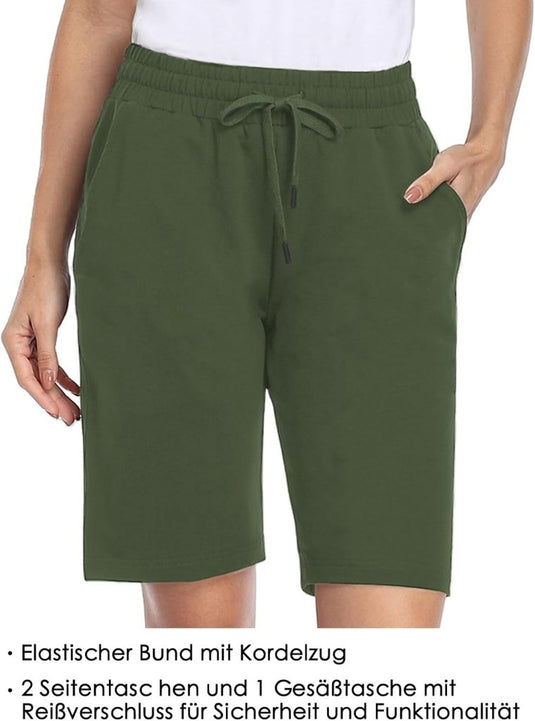 MOVE BEYOND Bermudashort voor dames, 36 cm lang, 3 zakken, atletische yoga, gym, sweatshorts met trekkoord, lounge, slaapshorts - happygetfit.com
