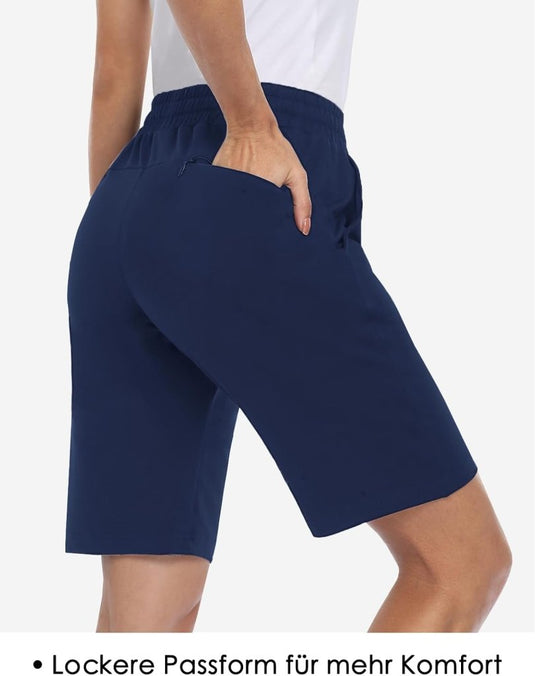 MOVE BEYOND Bermudashort voor dames, 36 cm lang, 3 zakken, atletische yoga, gym, sweatshorts met trekkoord, lounge, slaapshorts - happygetfit.com
