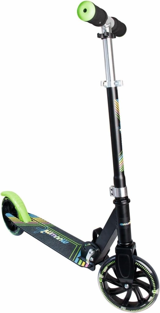 muuwmi Aluminium step Neon – step, 180 mm, ABEC 5, GS-getest, in hoogte verstelbaar, wielen met ledverlichting, groen-zwart - happygetfit.com