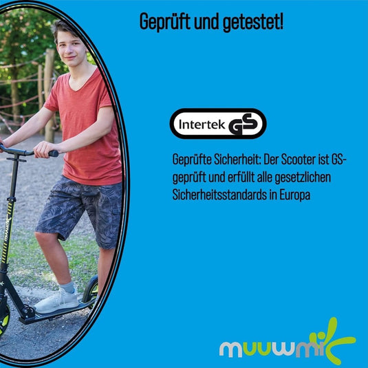 muuwmi Aluminium step Neon – step, 180 mm, ABEC 5, GS-getest, in hoogte verstelbaar, wielen met ledverlichting, groen-zwart - happygetfit.com