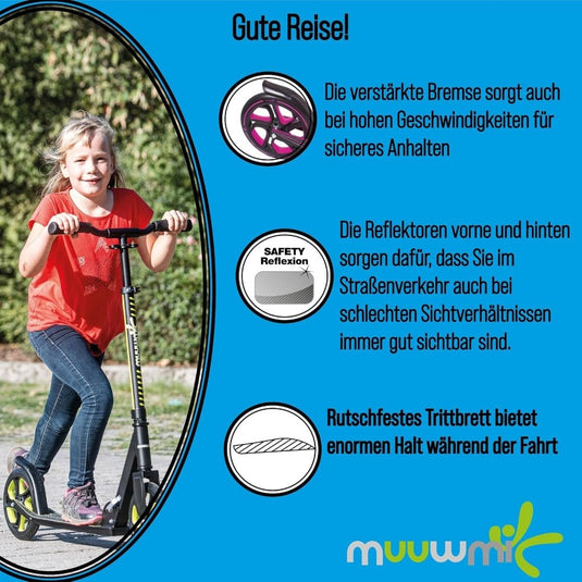 muuwmi Aluminium step Neon – step, 180 mm, ABEC 5, GS-getest, in hoogte verstelbaar, wielen met ledverlichting, groen-zwart - happygetfit.com