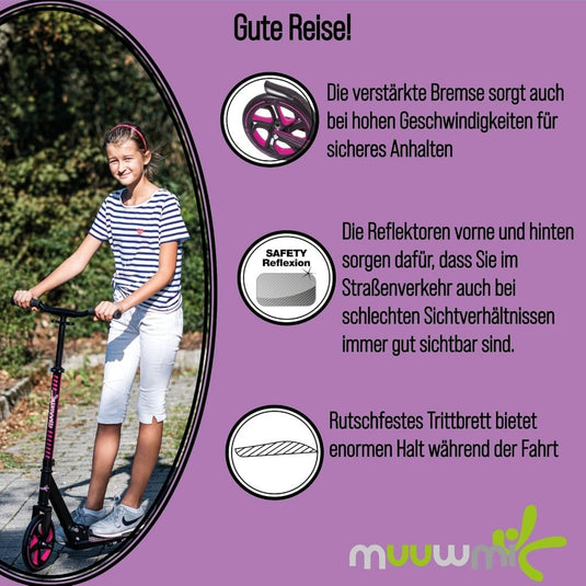 muuwmi Aluminium step Neon – step, 180 mm, ABEC 5, GS-getest, in hoogte verstelbaar, wielen met ledverlichting, groen-zwart - happygetfit.com