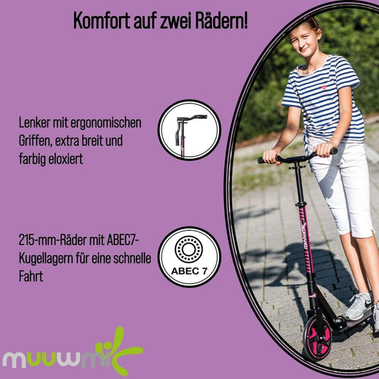 muuwmi Aluminium step Neon – step, 180 mm, ABEC 5, GS-getest, in hoogte verstelbaar, wielen met ledverlichting, groen-zwart - happygetfit.com